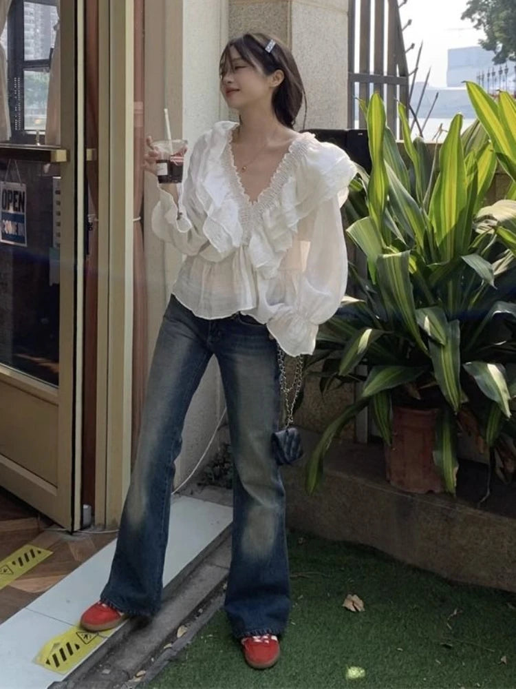 Ruffles Blouses Women Elegant Spring Chic V-neck Fashion Long Sleeved College Ins Popular Solid Simple Blusas Tops Cozy Clothing