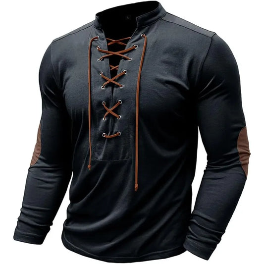 Men's Cotton Linen Henley Shirt Muscle Lace Up Long Sleeve Stand Collar Big and Tall Tshirts Casual Pullover Henley Tee Top