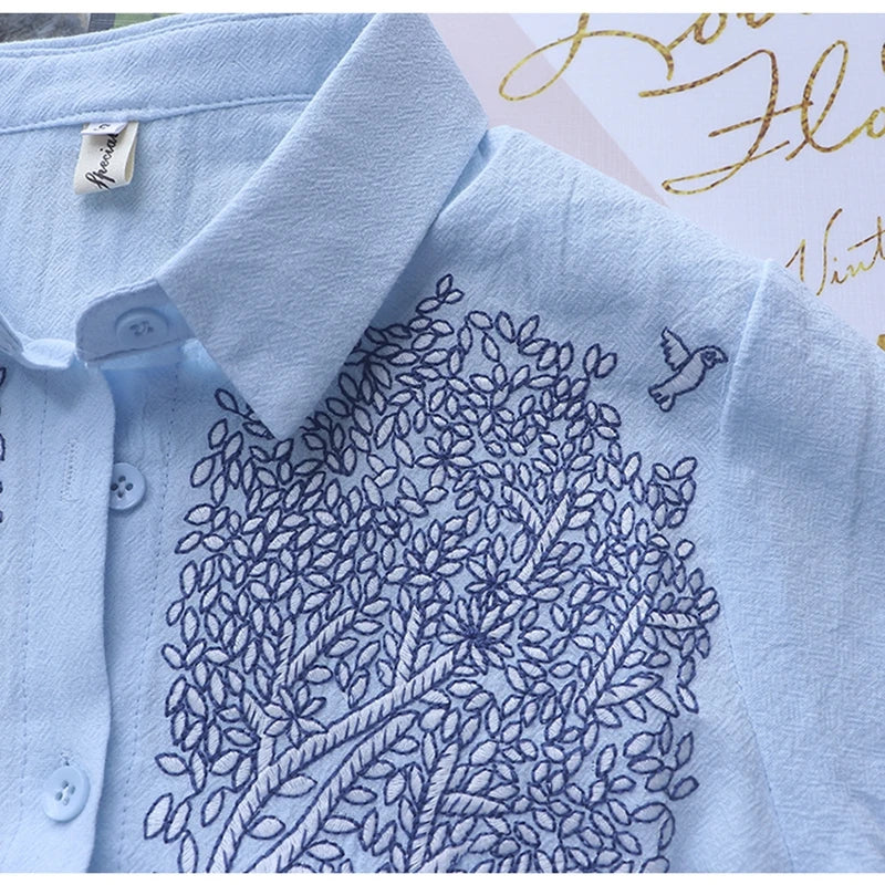 Cotton Flower Embroidery Women Shirts Blouses Fashion Long-Sleeved Solid Elegant Shirt Top Blue White