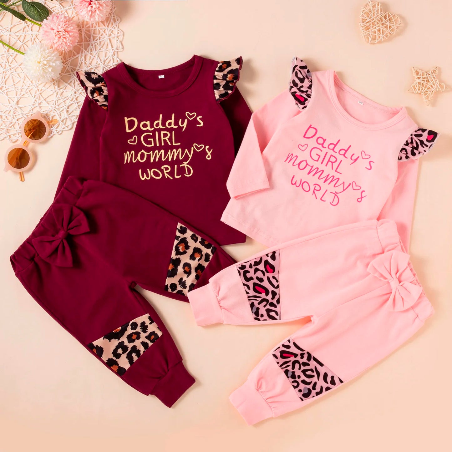 New Toddler Infant Baby Girls Clothes Letter Leopard Print Top +Bow Pants Set Baby Outfits Fall Girl Clothing 6 12 18 24 Months