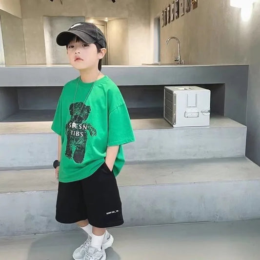 Middle School Children Summer Cotton Tide Boy Cute Baby Clothes Print Leisure Short Tshirt Top Infant