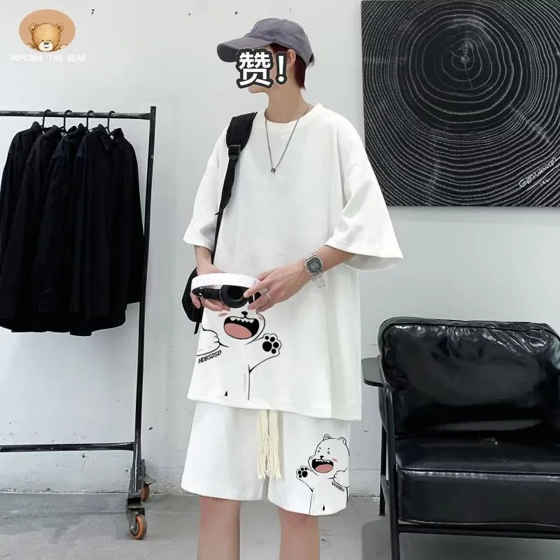 women's Men's Sports Suit Japan High Street Fashion T-shirt Shorts Two-piece Set Men Retro New Neck Top Designer Clothes unisex