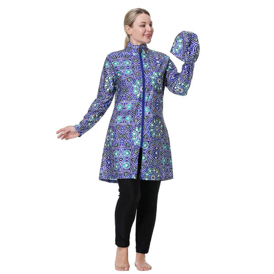 Modest Women Swimming Suit Printing Muslim Full Cover Zipper 3pcs Hijab Long Sleeves Sport Swimwear Islamic Burkini Wear