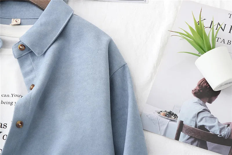 Women Autumn Corduroy Blouses Casual Female Spring Warm Sanded Fabric Shirts Ladies Solid Color Tops