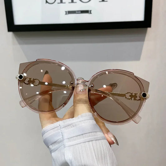 New Vintage Cat Eye Round Sunglasses Women's Korean Version Metal Rimless Gradient Sun Glasses Luxury Shades UV400 очки