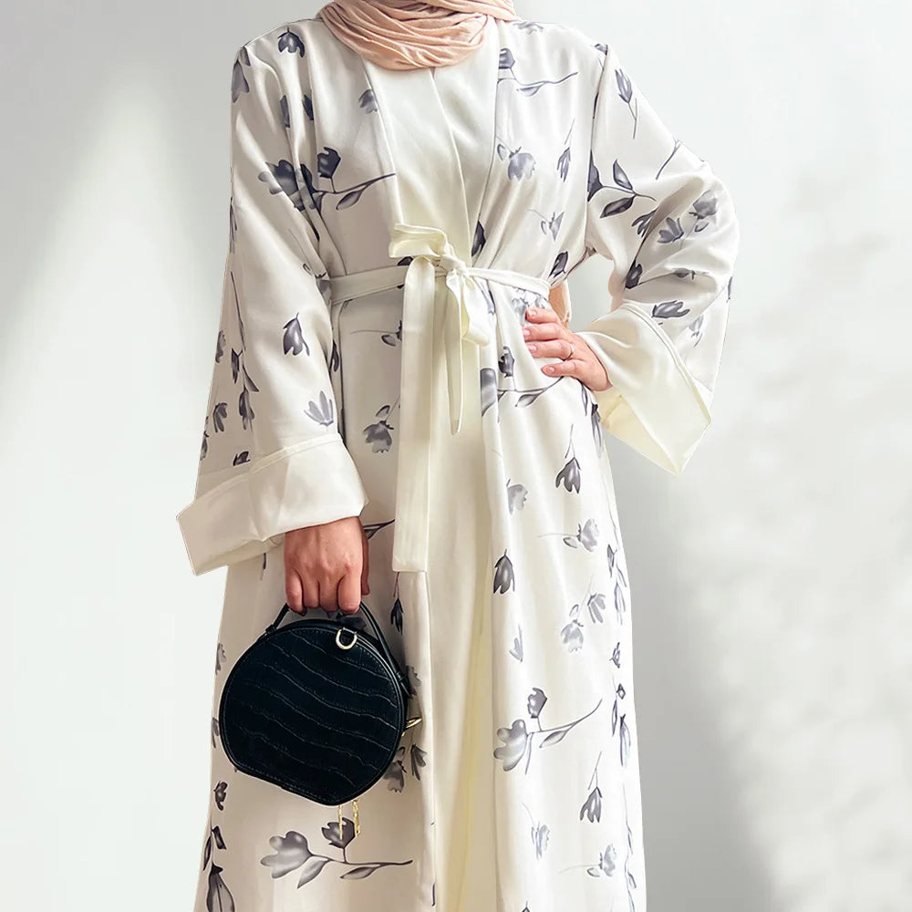 Eid Ramadan Open Abaya Dubai Turkey Kaftan Women Muslim Floral Print Maxi Dress Kimono Cardigan Islamic Clothing Robe Jalabiya