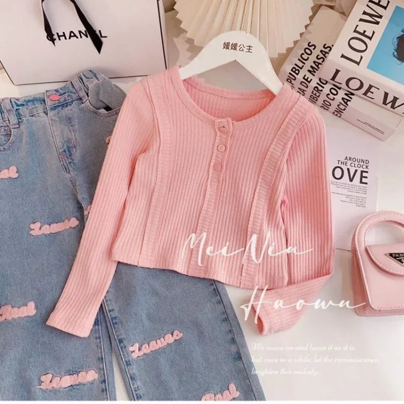 Girls' Set Autumn Spring New Girls' Knitted Sweet Top+Letter Decal Jeans Two Piece Set Cute Little Girl Kids Fashion Sets