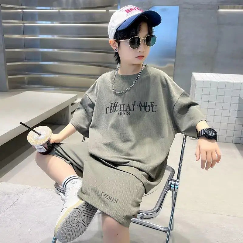 Children 9-12Y Boy Summer Clothes Fashion Short Sleeve Letter Tshirt Top and Short Bottom 2pcs Outfit Teenage Casual Tracksuit