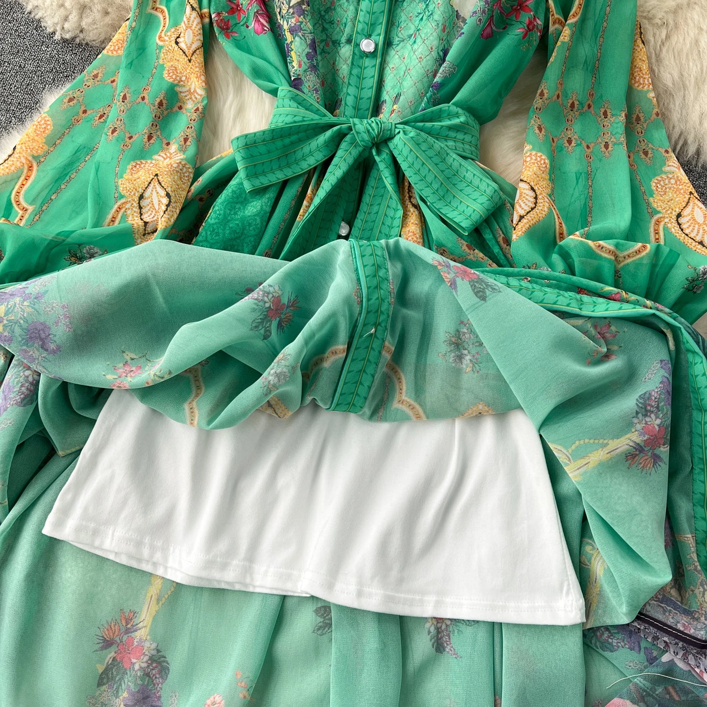 New Chiffon Floral Printed Shirt Dress Belted Long Holiday Dress Formal Long Dresses Vestido