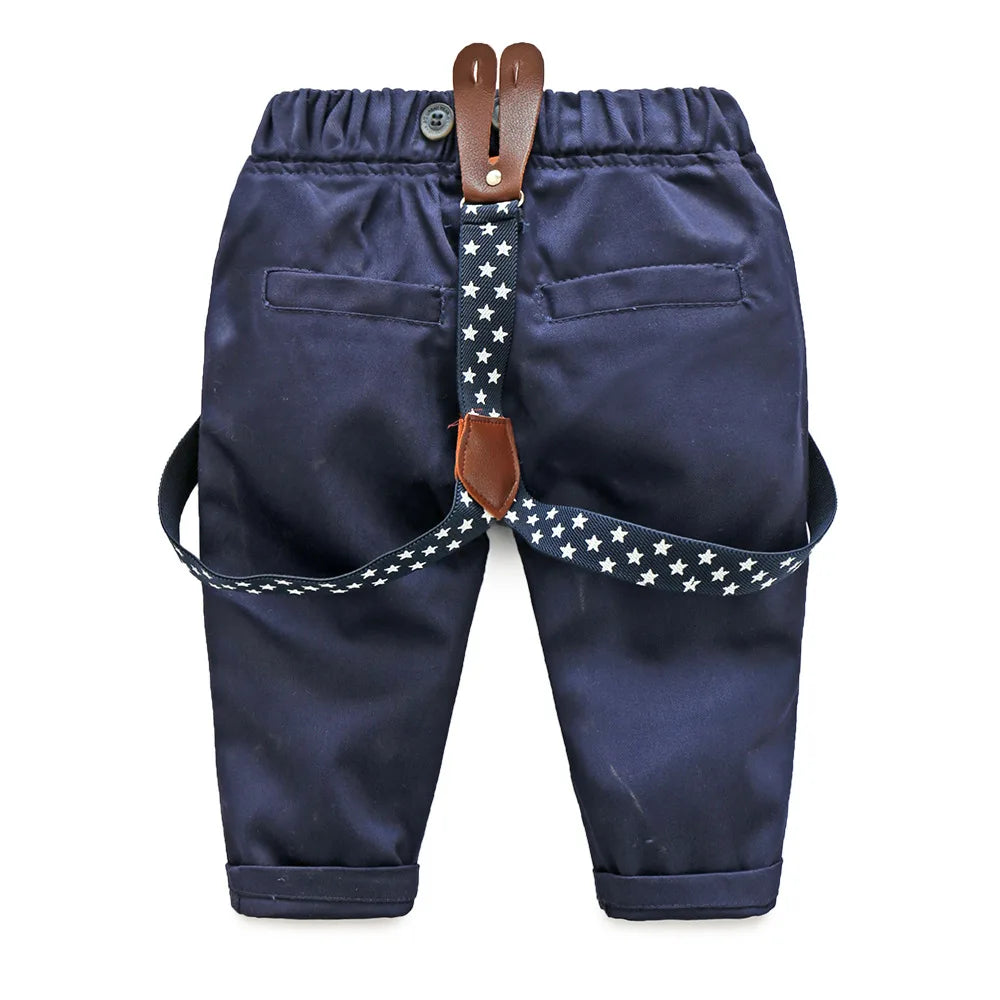 Spring Boys Outfit Set Korean Fashion Gentleman Plaid Cotton Tops+Pants+Strap+Tie Baby Clothing Newborn Clothes