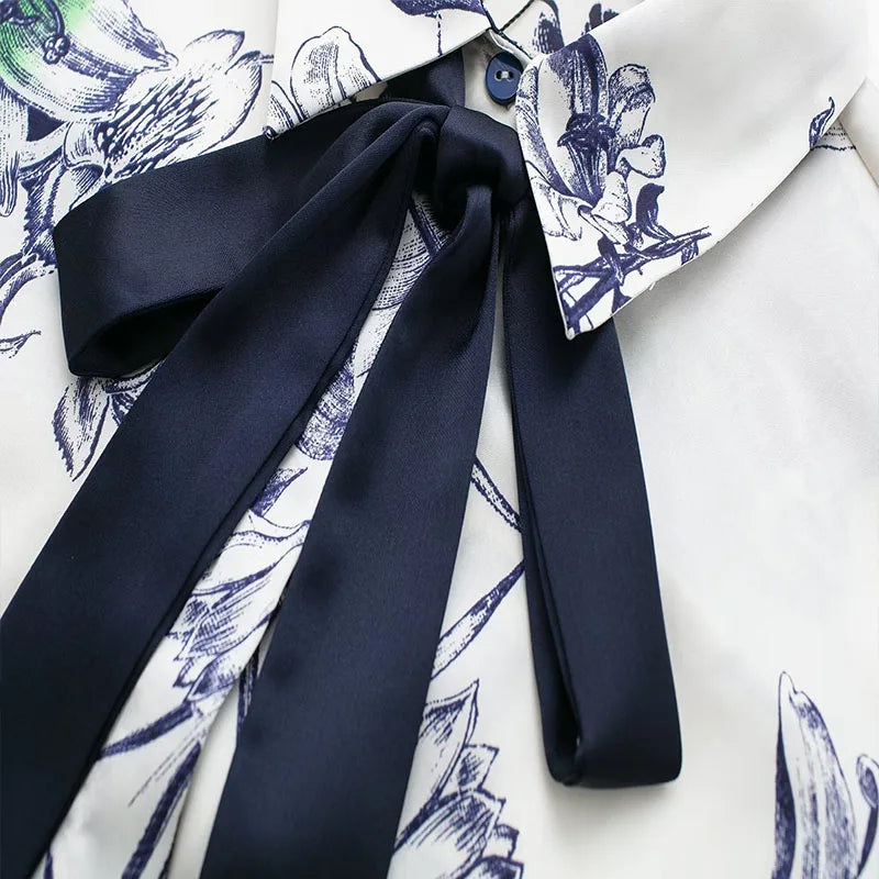 Casual Bow Printed Shirt Lapel Women's Slim Long Sleeve Short Blouse Single Breasted Blouse