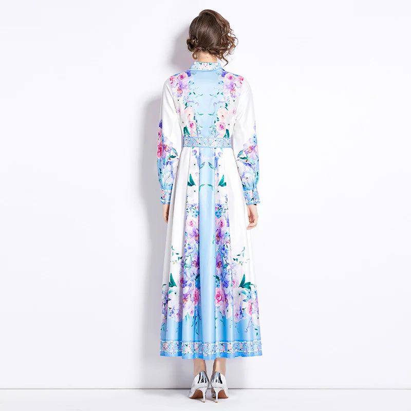 Spring Women'S Clothing Floral Print Shirt Dress Long Puff Sleeve Socialite Office Party Maxi Dress Vestidos