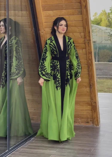 Dress New Embroidery V-Neck Kaftan Women New Slim Ramadan Festival Party Green Robe Clothing