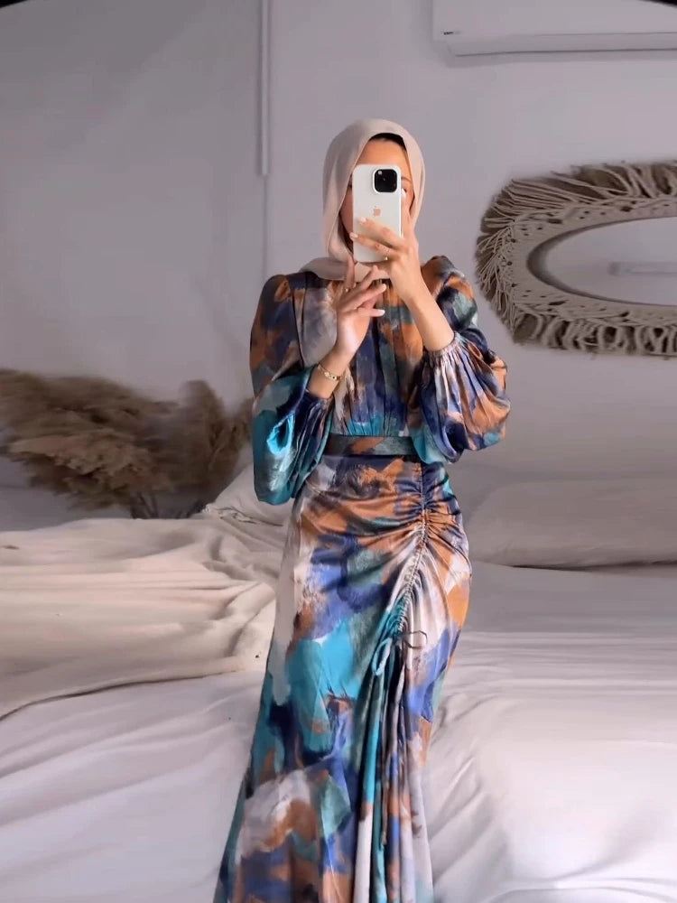 Eid Arab Muslim Party Dress for Women Abaya Print Jalabiya Long Dresses Morocco Kaftan Vestidos Dubai Ramadan Gown Robe