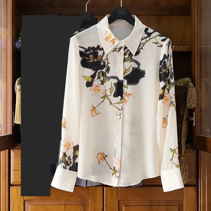 Women Spring Summer Satin blouses Blouses Shirt Lady Casual Long Sleeve Turn-down Collar Print Slim Tops