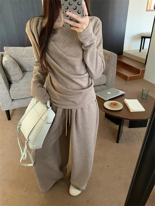 Off Shoulders Sweaters Women Chic Loose Wide Leg Pants Suits Elegant