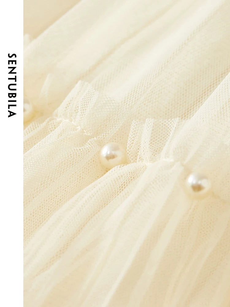 High Waist A-line Mesh Women's Skirt Spring Simple Elastic Waist Beading Pleated Midi Skirts for Woman