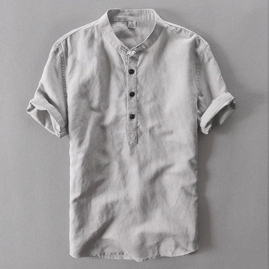 Men Casual Cotton Linen Shirts Autumn Brand Short Sleeve Shirt Mandarin Collar Solid Color Retro Shirt Tees