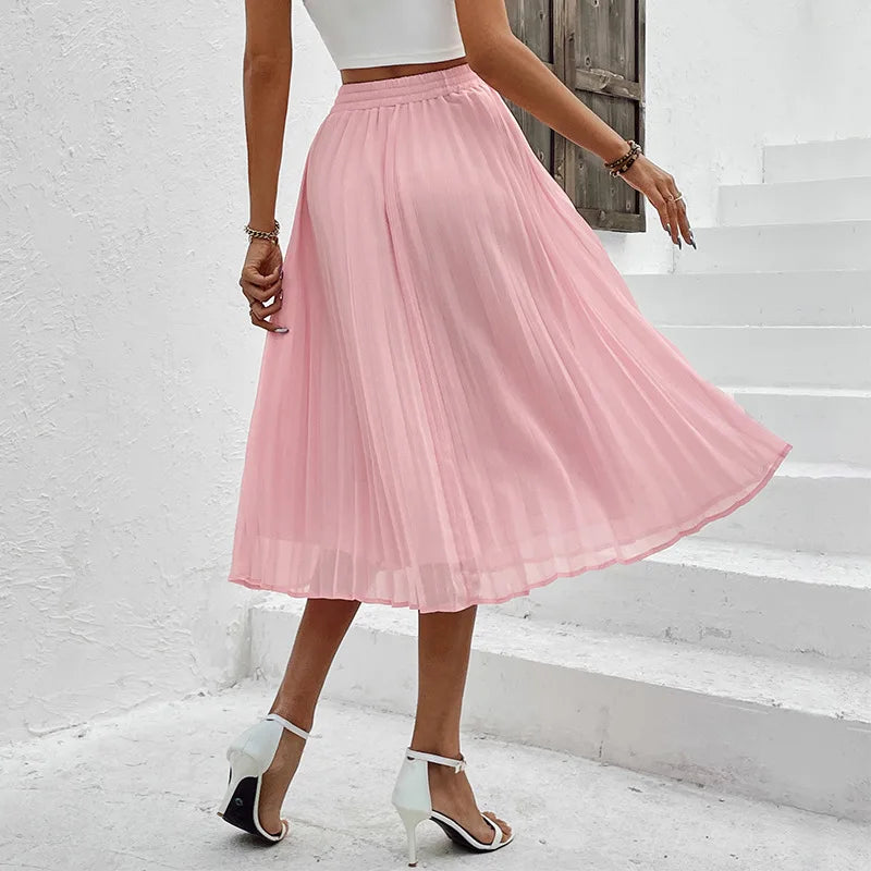 Women's Casual Chiffon Elastic Waist A-Line Pleated Midi Skirt Swing Skirt