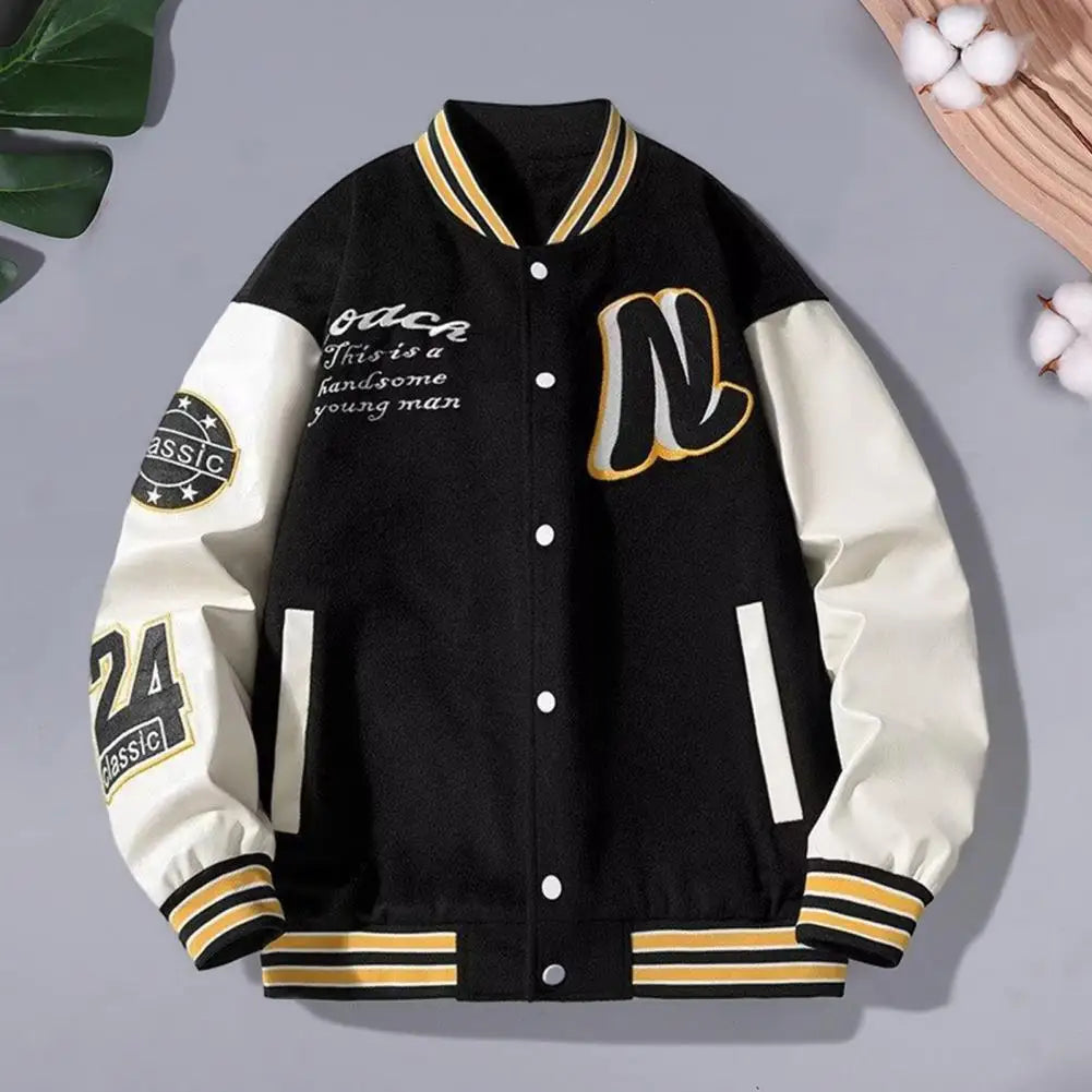 Men and women Jacket Stand Collar Striped Letter Pattern Cardigan Coat with Pockets Long Sleeve Baseball Jacket for Winter