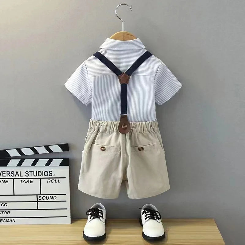 Summer Romper Clothes Set For Baby Boy With Bow Hat Gentleman Striped Suit Boys Children's Shirt Short Sleeve Shorts 2 Piece