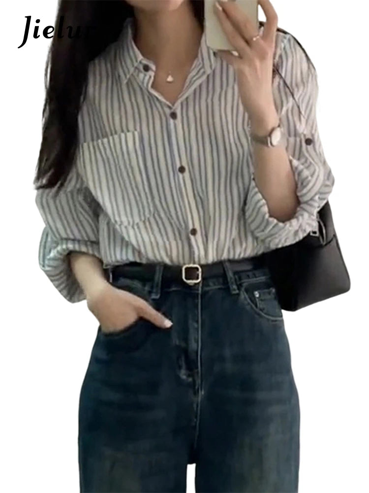 French Spring Slim Woman Shirt Fashion Street Casual Loose Women Shirt Simple Chic Stripe Long-sleeved Top Female