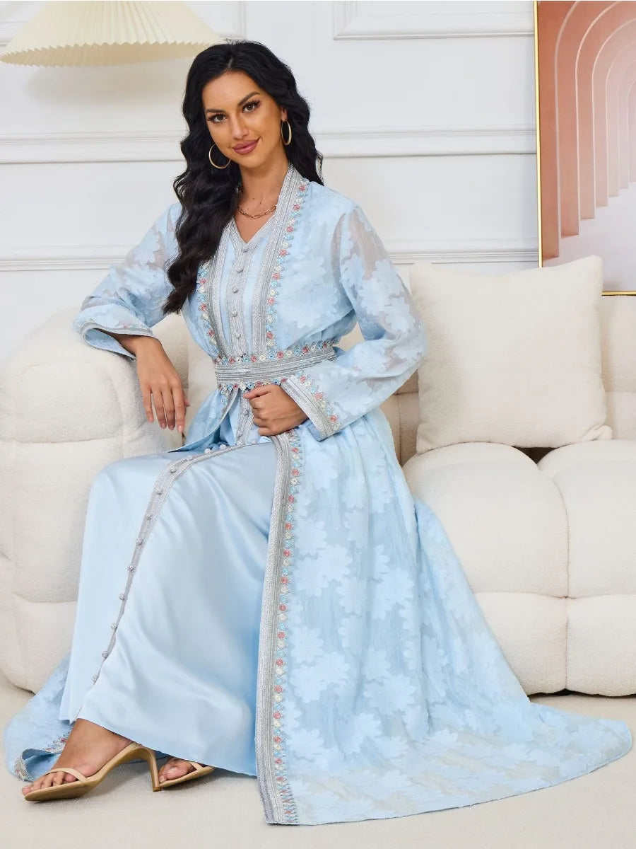 Eid Arab Muslim Party Dress Women Abaya with Inner Dress 2 Piece Set Jalabiya Kaftan Vestidos Ramadan Gown Robe