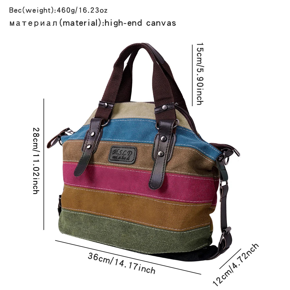 Women's Large Capacity Travel Bag Ladies Fashion Handbag Patchwork Rainbow One Shoulder Canvas Messenger Bag