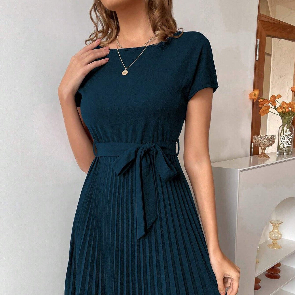 Solid Color Belt Pleated Batwing Sleeve Women Long Dress