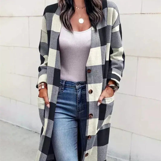 Women's Loose Plaid Button Pocket Woolen Coat Cardigan