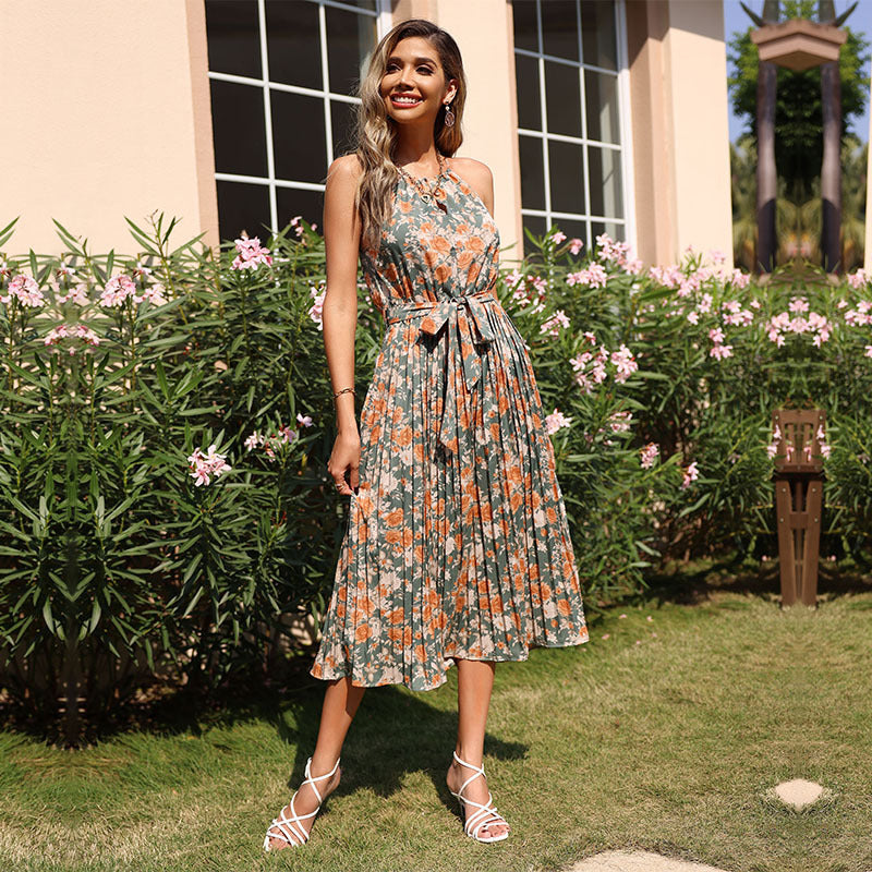 Sleeveless Pleated Skirt Tied High Waist Women's Dress