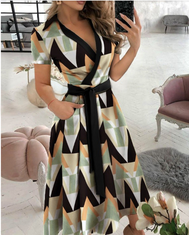 Fashion Long Sleeve V-neck Printed Sheath Dress