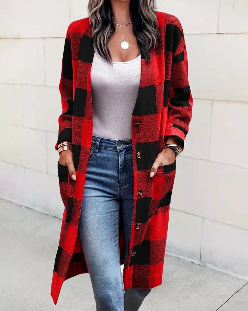 Women's Loose Plaid Button Pocket Woolen Coat Cardigan
