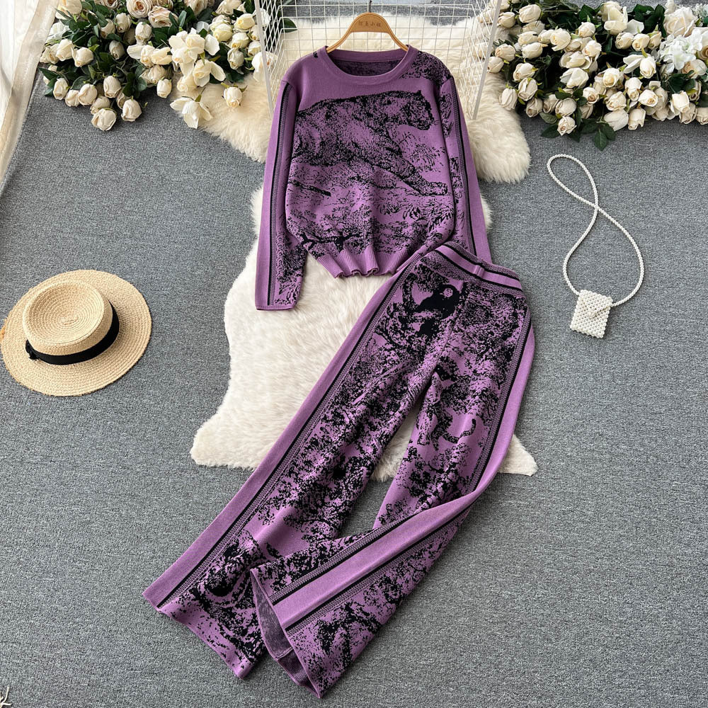 Women's Round Neck Sweater Wide Leg Pants Two-piece Set