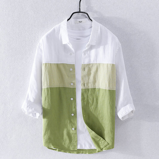Men's Linen Leisure Color Matching  Sleeve Shirt