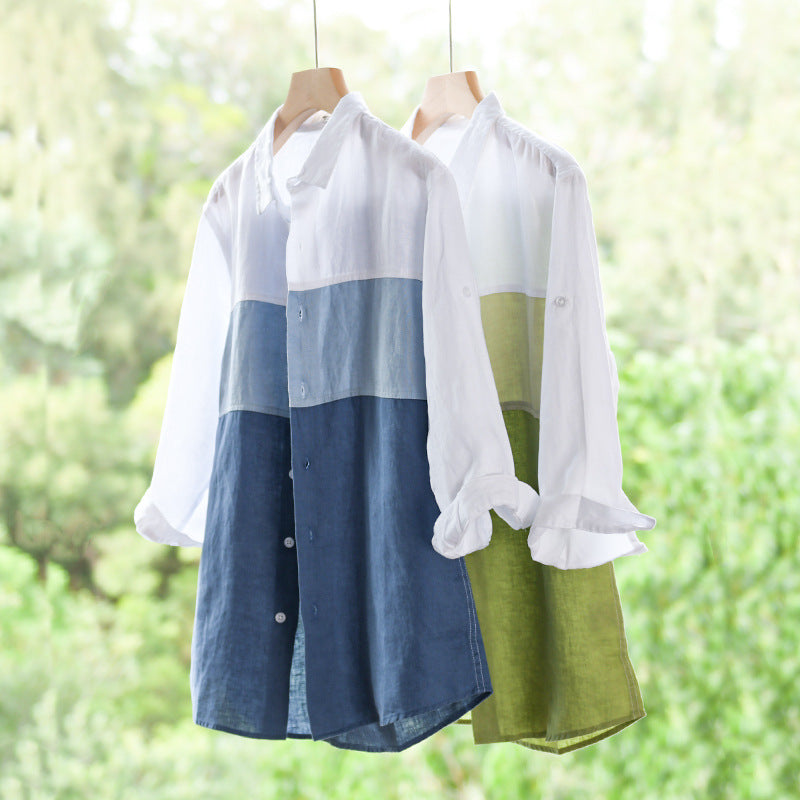 Men's Linen Leisure Color Matching  Sleeve Shirt