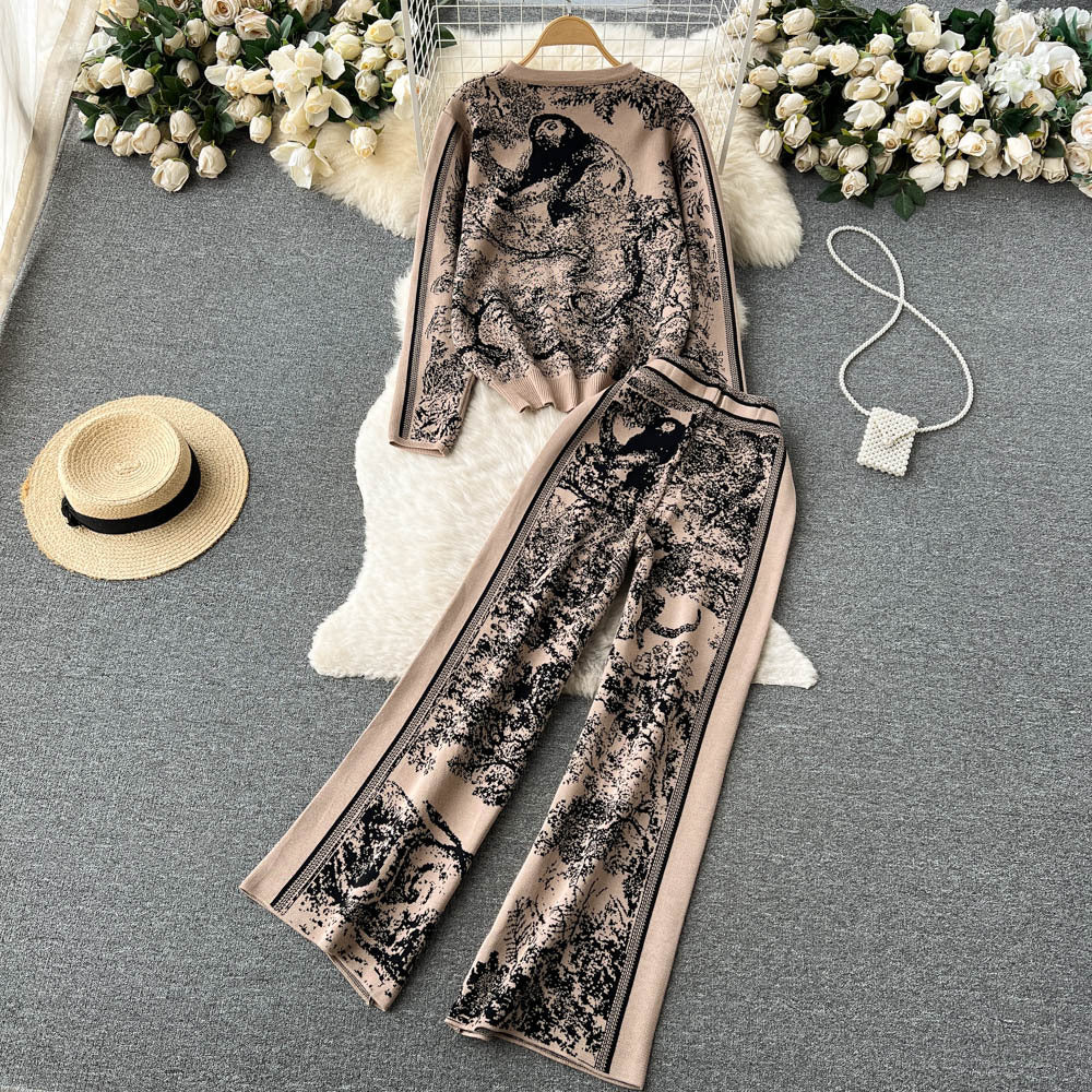 Women's Round Neck Sweater Wide Leg Pants Two-piece Set