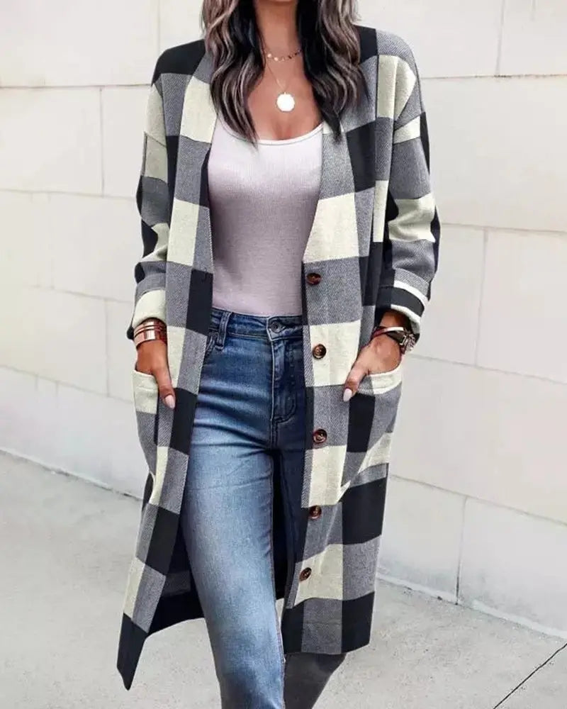 Women's Loose Plaid Button Pocket Woolen Coat Cardigan