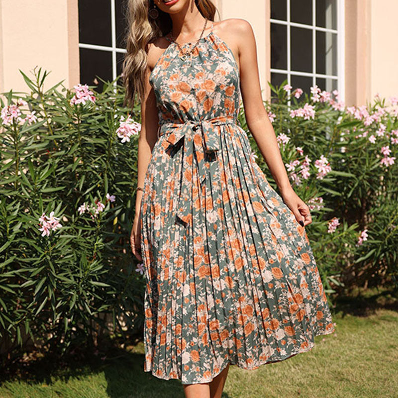 Sleeveless Pleated Skirt Tied High Waist Women's Dress