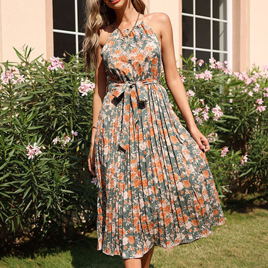 Sleeveless Pleated Skirt Tied High Waist Women's Dress