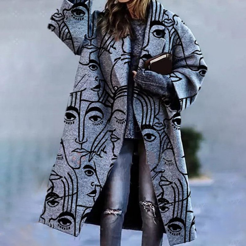 Colorblock Checked Long Sleeve Lapel Printed Jacket Wool Coat