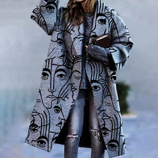 Colorblock Checked Long Sleeve Lapel Printed Jacket Wool Coat