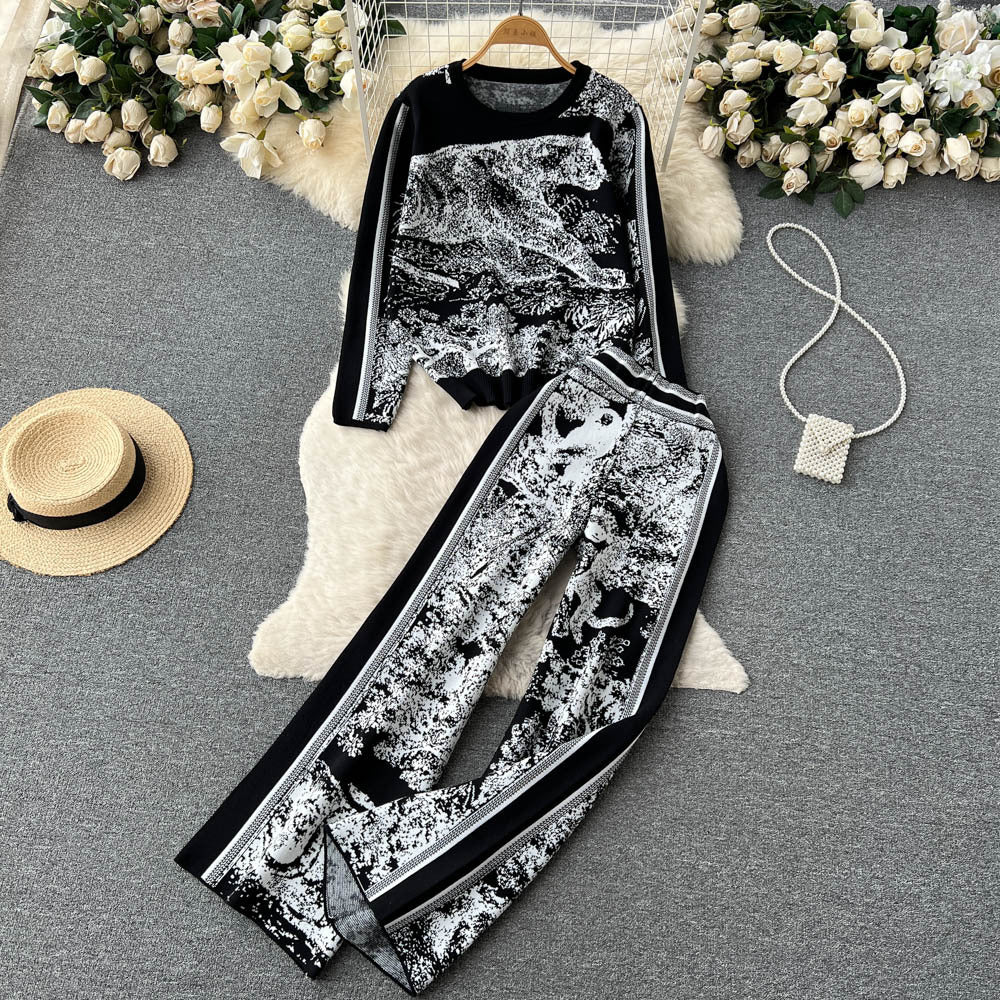 Women's Round Neck Sweater Wide Leg Pants Two-piece Set