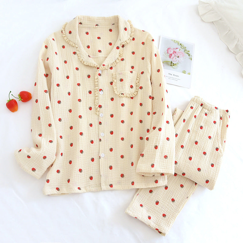 Women's Fashionable Cotton Crepe Long Sleeve Cardigan Pajamas Suit