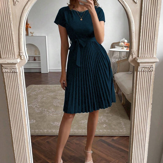 Solid Color Belt Pleated Batwing Sleeve Women Long Dress