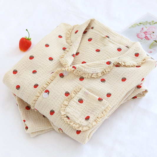 Women's Fashionable Cotton Crepe Long Sleeve Cardigan Pajamas Suit