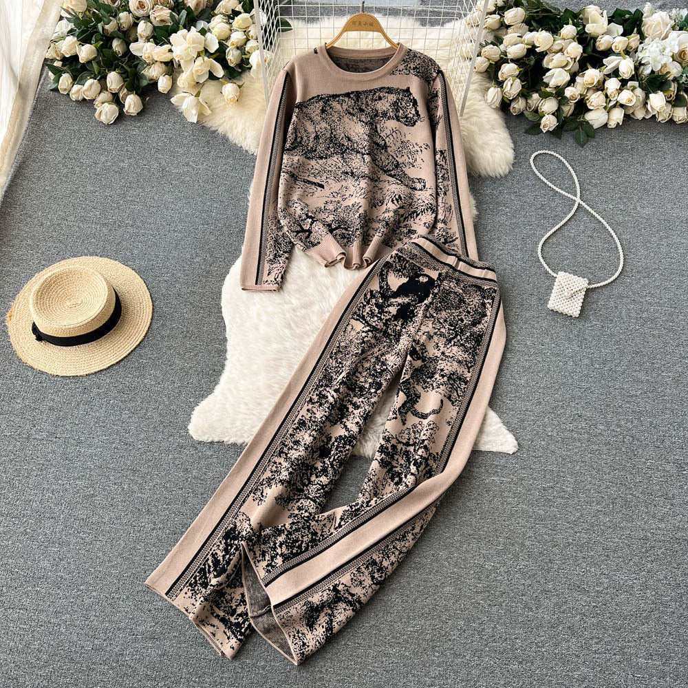 Women's Round Neck Sweater Wide Leg Pants Two-piece Set