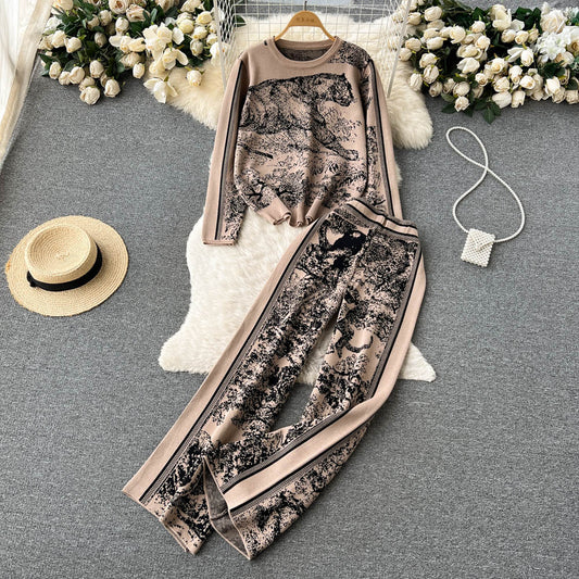 Women's Round Neck Sweater Wide Leg Pants Two-piece Set