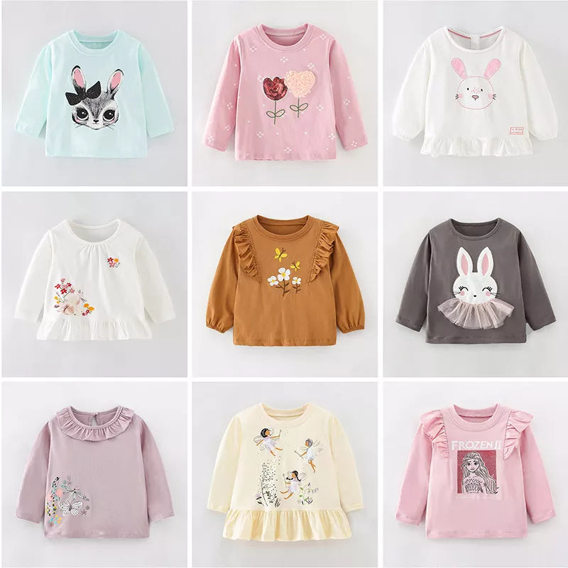 Little Girls Toddler Kids t shirt Long Sleeve t-shirt Tee Tops 100% Cotton Baby Girl Clothes Children Underwear Bunny 1-7Y