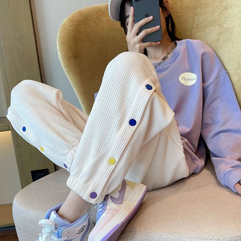 Contrast Girls Sweatshirt+Waffle Sweatpant Sets School Kids Tracksuit Students Jogger Suit Children 2 Pieces Outfits 5-16 Years